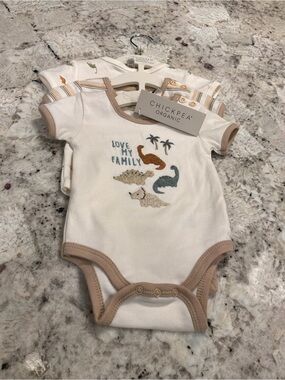 chick pea Cream One-Piece Bodysuit with Animal Family Embroidery